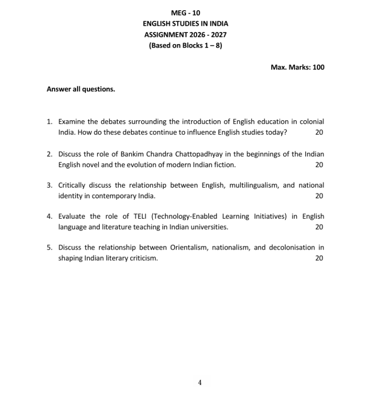 MEG-10 English Studies in India Assignment 2026-27 for IGNOU MEG students. Get assignment details for July 2026 and January 2027 sessions.