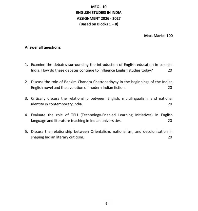 IGNOU MEG-10 MEG-10 English Studies in India Assignment 2026-27 for IGNOU MEG students. Get assignment details for July 2026 and January 2027 sessions.