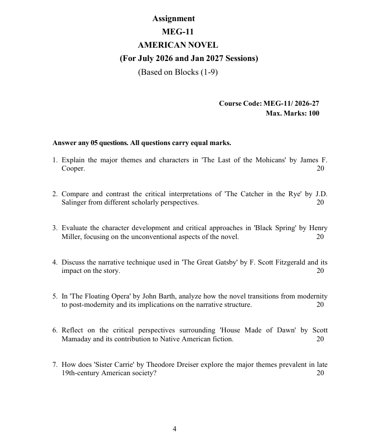 MEG-11 American Novel Assignment 2026-27 for IGNOU MEG students. Get assignment details for July 2026 and January 2027 sessions.