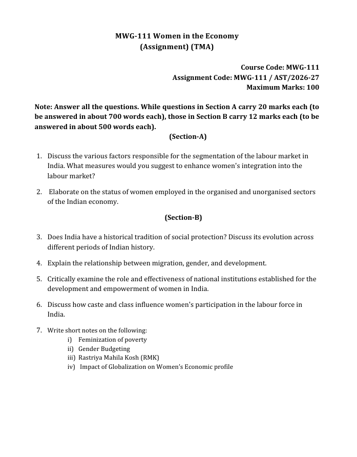 MWG-111 Women in the Economy Assignment 2026-27 for IGNOU students. Get assignment details for the 2026-27 academic session.