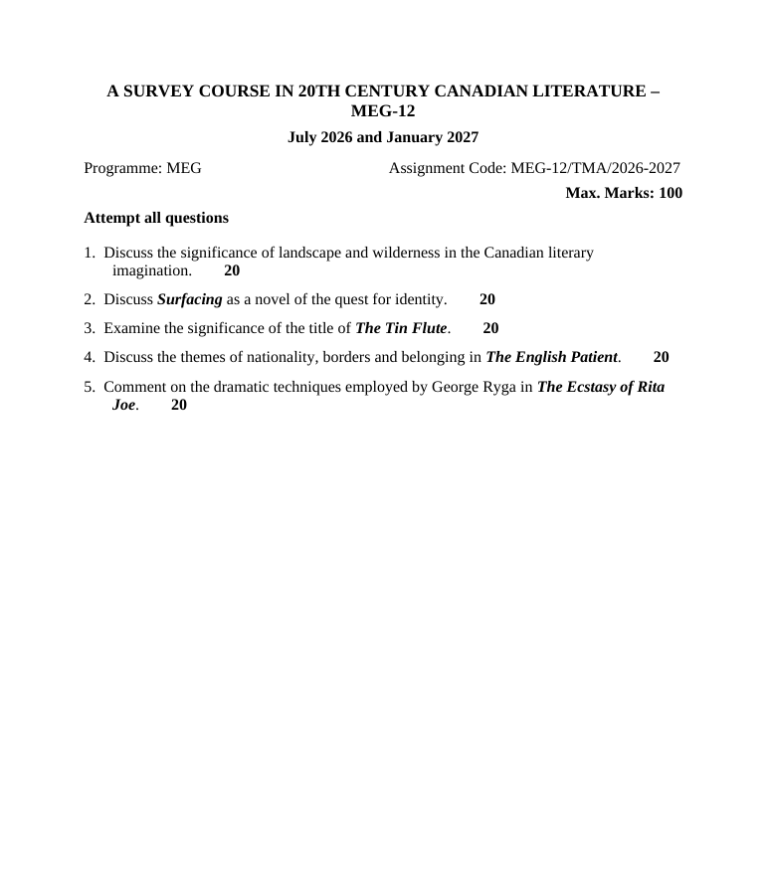 MEG-12 A Survey Course in 20th Century Canadian Literature Assignment 2026-27 for IGNOU MEG students. Get assignment details for July 2026 and January 2027 sessions.
