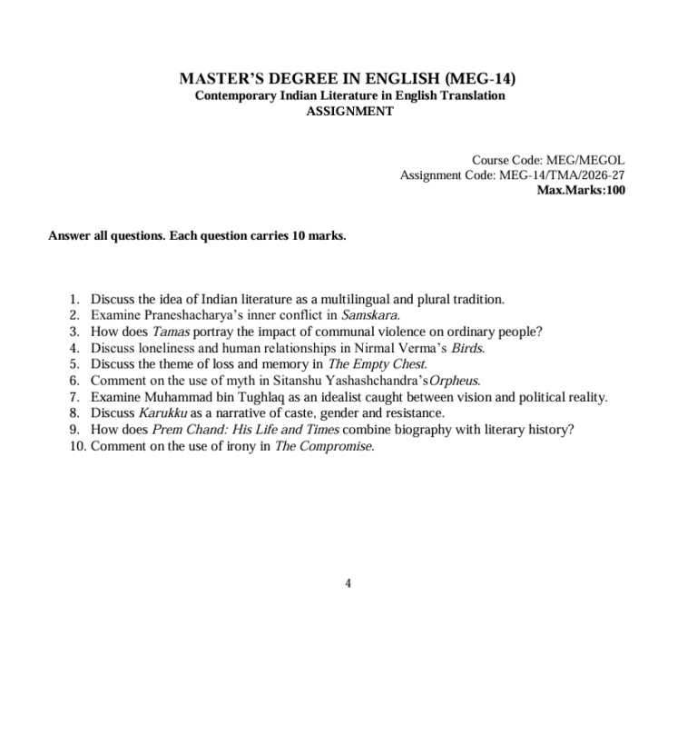 MEG-14 Contemporary Indian Literature in English Translation Assignment 2026-27 for IGNOU MEG and MEGOL students. Get assignment details for July 2026 and January 2027 sessions.