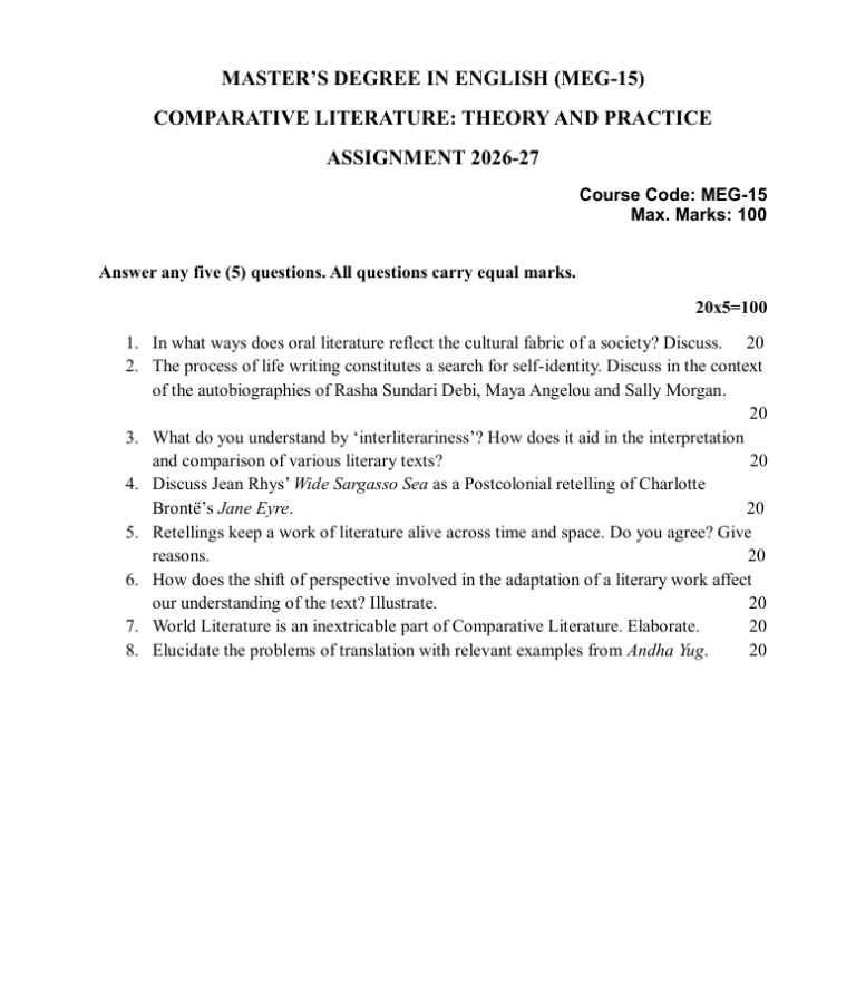 MEG-15 Comparative Literature: Theory and Practice Assignment 2026-27 for IGNOU MEG students. Get assignment details for July 2026 and January 2027 sessions.