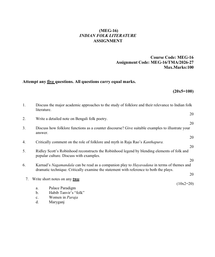 MEG-16 Indian Folk Literature Assignment 2026-27 for IGNOU MEG students. Get assignment details for July 2026 and January 2027 sessions.