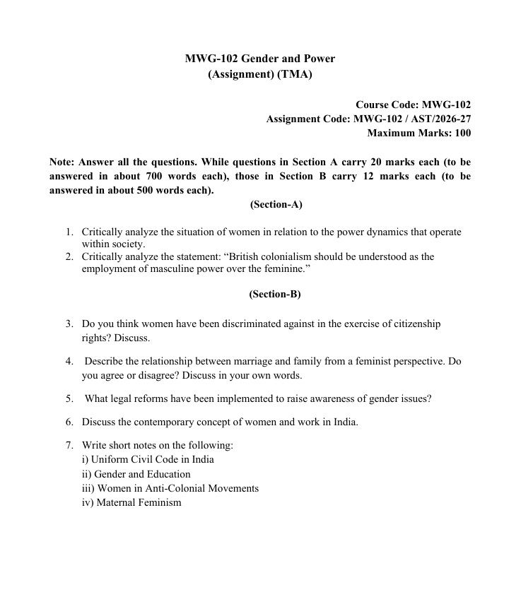 MWG-102 Gender and Power Assignment 2026-27 for IGNOU students. Get assignment details for the 2026-27 academic session.