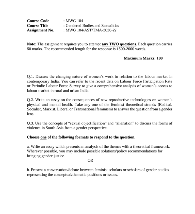 MWG-104 Gendered Bodies and Sexualities Assignment 2026-27 for IGNOU PG Diploma in Women’s and Gender Studies (PGDWGSR) students. Get assignment details for the July 2026-27 academic year.