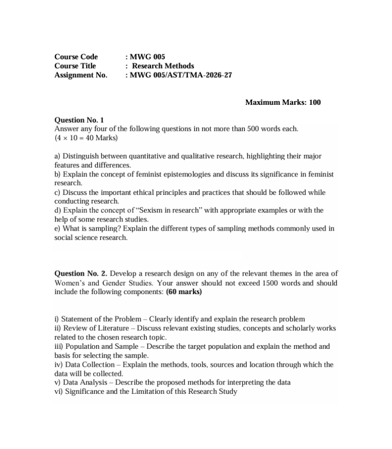 MWG-005 Research Methods Assignment 2026-27 for IGNOU MA in Women’s and Gender Studies (MAWGSR) students. Get assignment details for the July 2026-27 academic year.