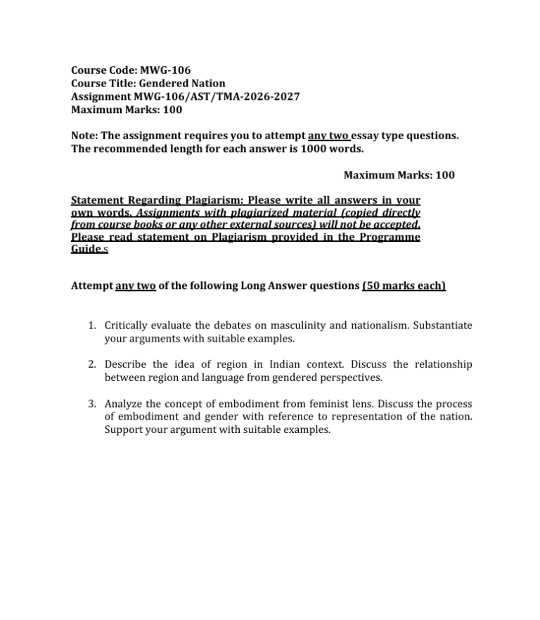 MWG-106 Gendered Nation Assignment 2026-27 for IGNOU MA in Women’s and Gender Studies (MAWGSR) students. Get assignment details for July 2026 to January 2027 academic sessions.