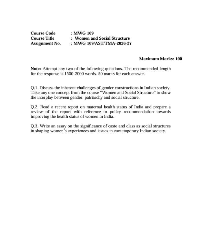 MWG-109 Women and Social Structure Assignment 2026-27 for IGNOU MA in Women’s and Gender Studies (MAWGSR) students. Get assignment details for the July 2026-27 academic year.