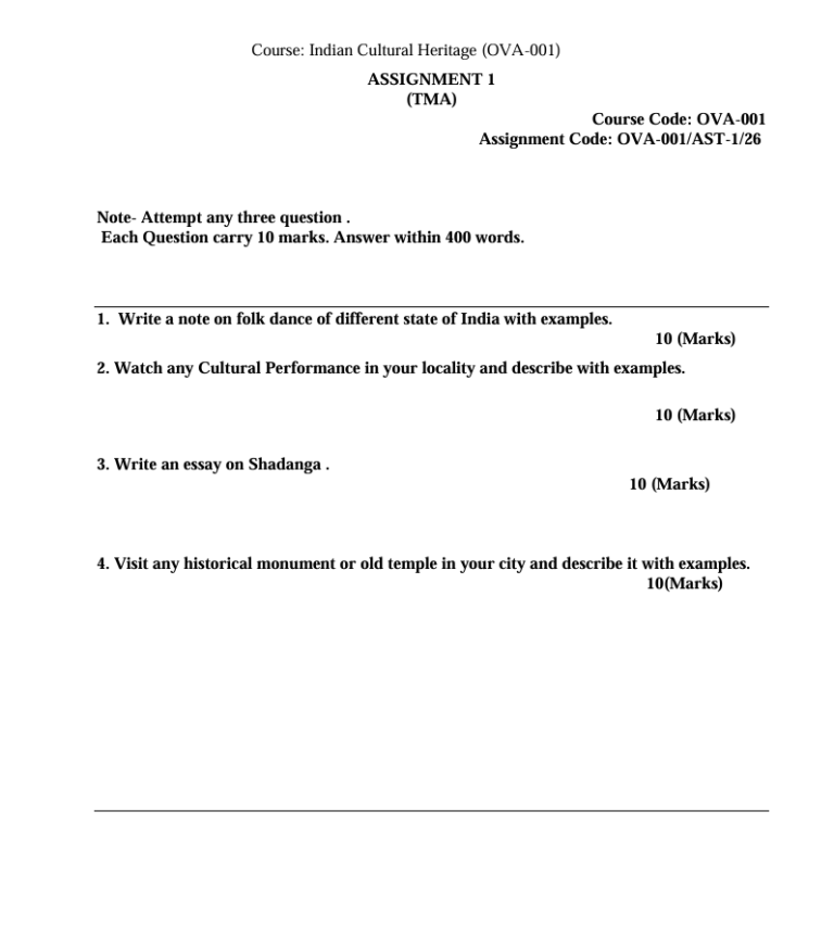 OVA-001 Indian Cultural Heritage Assignment 1 (TMA) for IGNOU Certificate in Visual Arts – Painting (CVAP) students. Get assignment details for the Indian Cultural Heritage course.
