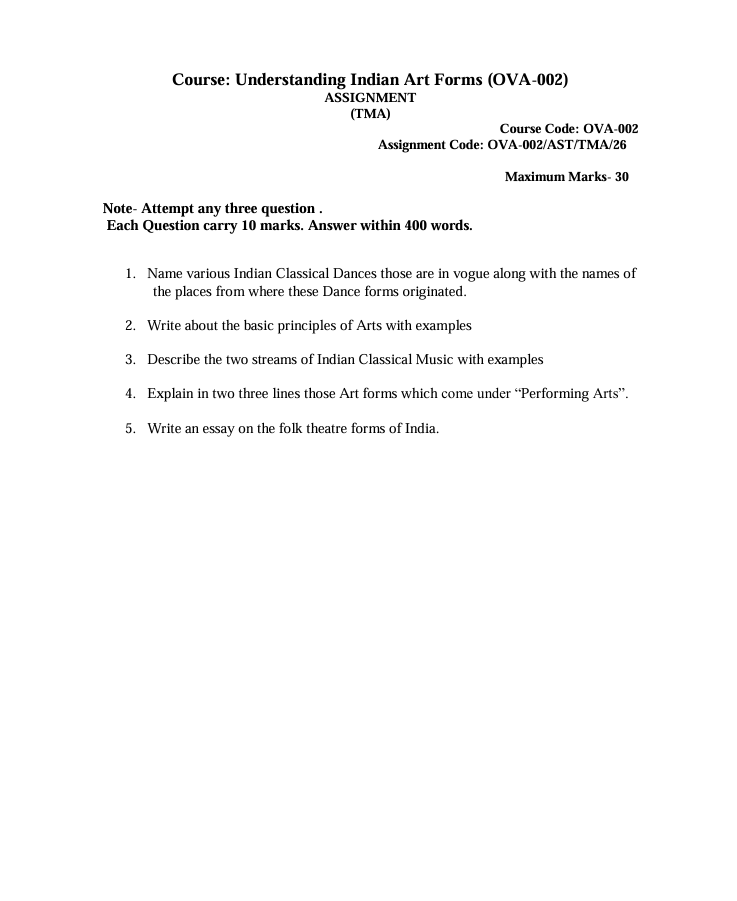 IGNOU OVA-002 OVA-002 Understanding Indian Art Forms Assignment 2026 for IGNOU Certificate in Visual Arts – Painting (CVAP) students. Get assignment details for the July 2026 academic session.