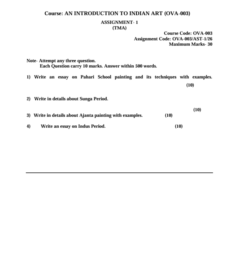 OVA-003 An Introduction to Indian Art Assignment 2026 for IGNOU Certificate in Visual Arts – Painting (CVAP) students. Get assignment details for the July 2026 academic session.