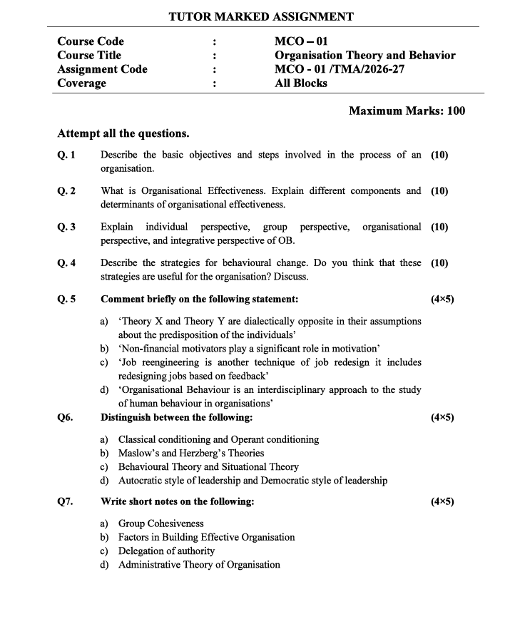 MCO-01 Organisation Theory and Behavior Assignment 2026-27 for IGNOU M.Com (BP & CG) students. Check assignment details and important information.
