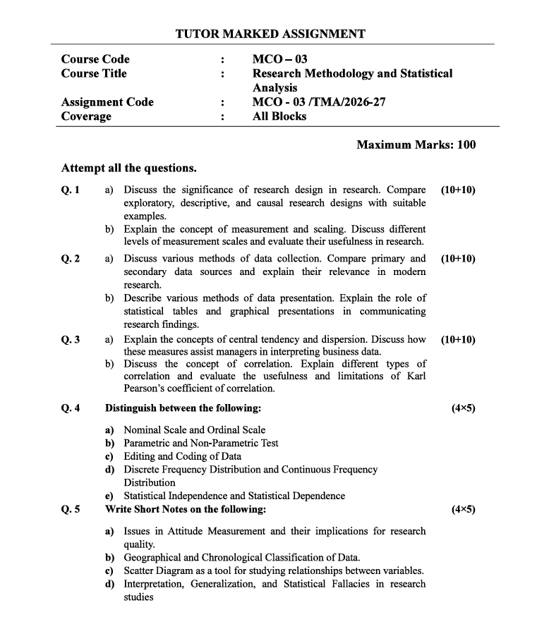 MCO-03 Research Methodology and Statistical Analysis Assignment 2026-27 for IGNOU M.Com (BP & CG) students. Check assignment details and important information.