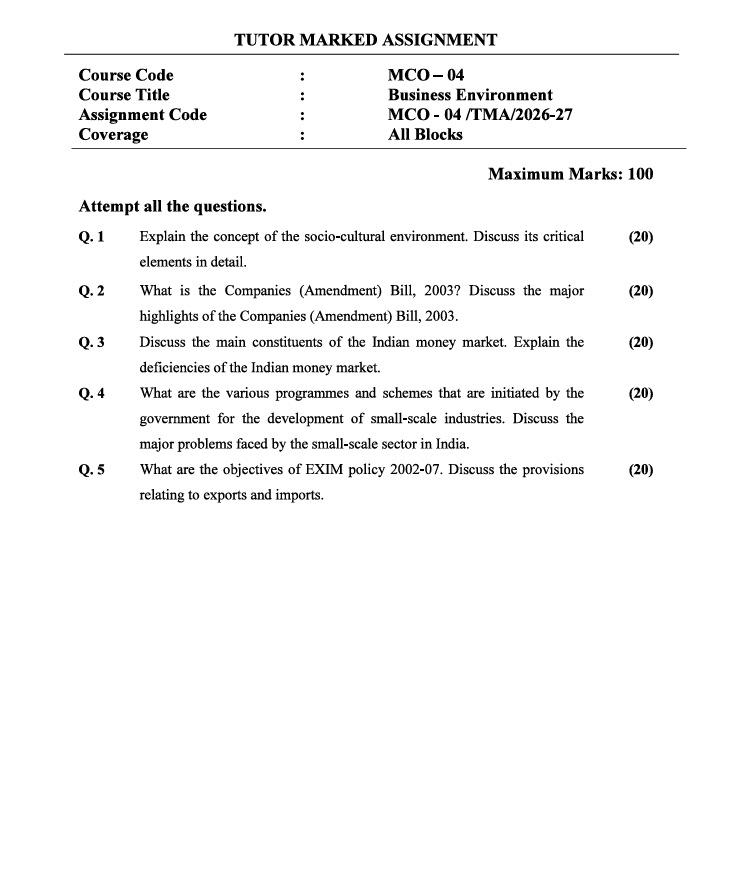 MCO-04 Business Environment Assignment 2026-27 for IGNOU M.Com (OLD) Second Year students. For July 2026 and January 2027 admission cycle.
