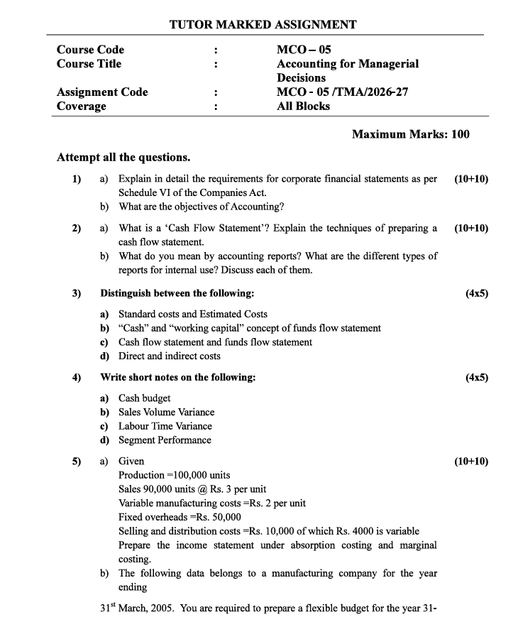 MCO-05 Accounting for Managerial Decisions Assignment 2026-27 for IGNOU M.Com (BP & CG) students. Check assignment details and important information.
