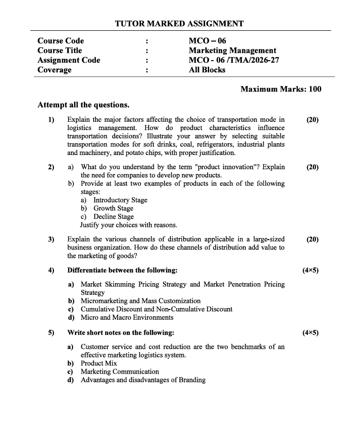 MCO-06 Marketing Management Assignment 2026-27 for IGNOU M.Com (BP & CG) students. Check assignment details and important information.
