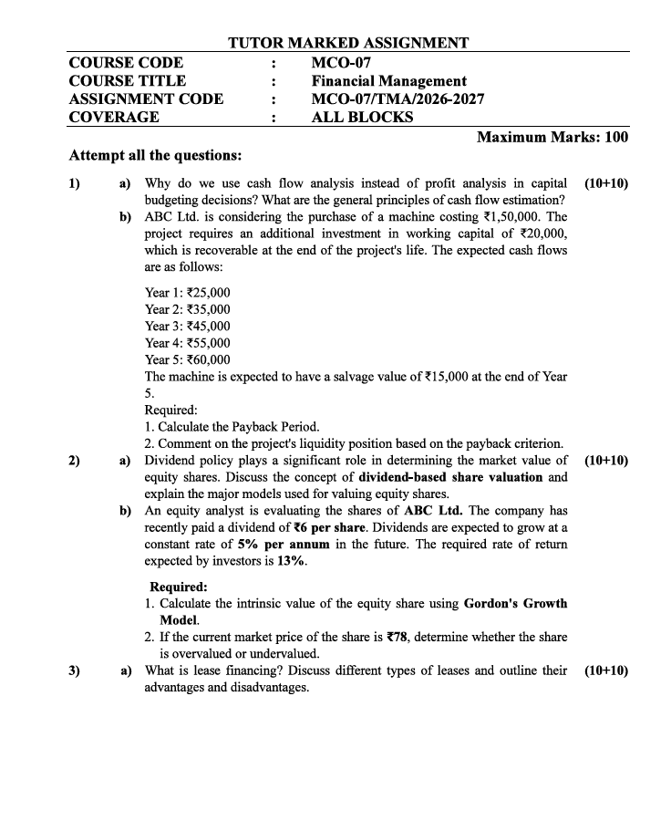 MCO-07 Financial Management Assignment 2026-27 for IGNOU M.Com students. Check assignment details and important information.
