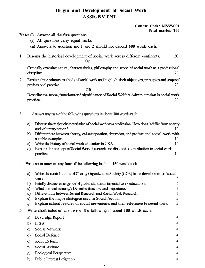 MSW-001 Origin and Development of Social Work Assignment 2026-27 for IGNOU MSW First Year students. Check assignment details, important questions and answer requirements here.
