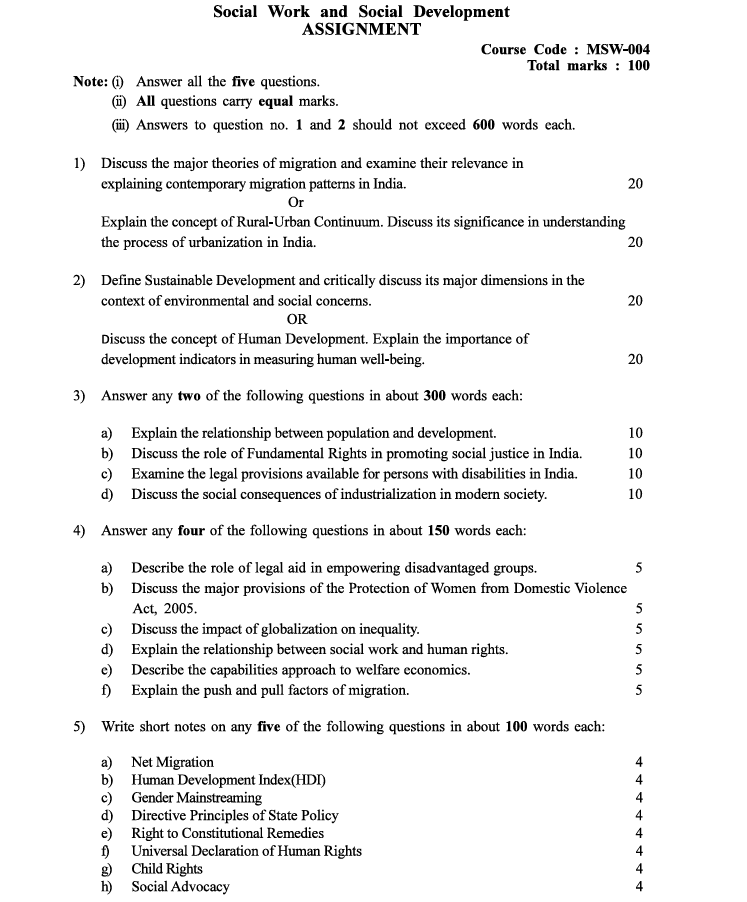 MSW-004 Social Work and Social Development Assignment 2026-27 for IGNOU MSW First Year. Check assignment details and important questions.