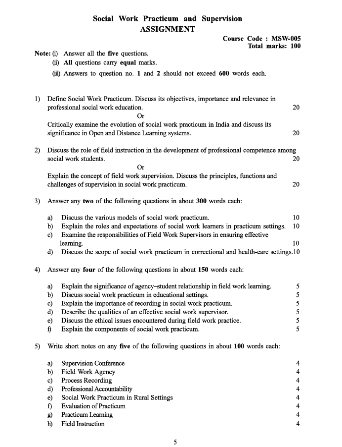 MSW-005 Social Work Practicum and Supervision Assignment 2026-27 for IGNOU MSW First Year. Check assignment details and important questions.