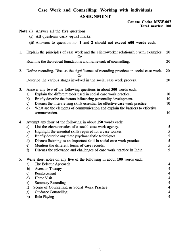 MSW-007 Case Work and Counselling: Working with Individuals Assignment 2026-27 for IGNOU MSW First Year. Check assignment details and important questions.