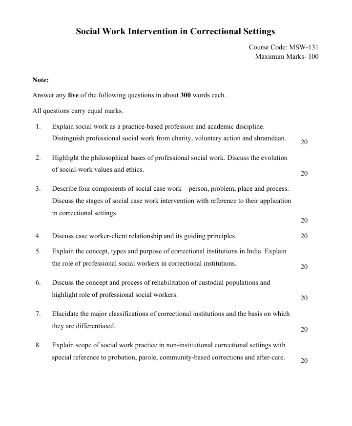 MSW-131 Social Work Intervention in Correctional Settings Assignment 2026-27 for IGNOU Certificate in Criminal Justice Social Work (CCJSW) students. Check assignment details and important questions.