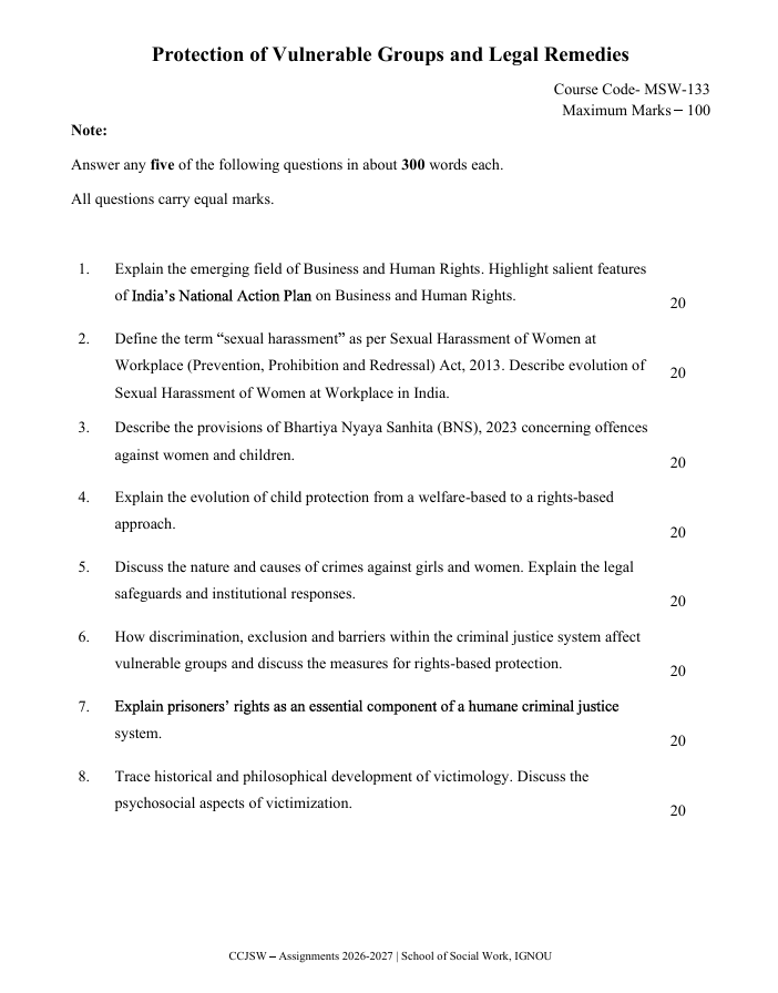 MSW-133 Protection of Vulnerable Groups and Legal Remedies Assignment 2026-27 for IGNOU Certificate in Criminal Justice Social Work (CCJSW) students. Check assignment details and important questions.