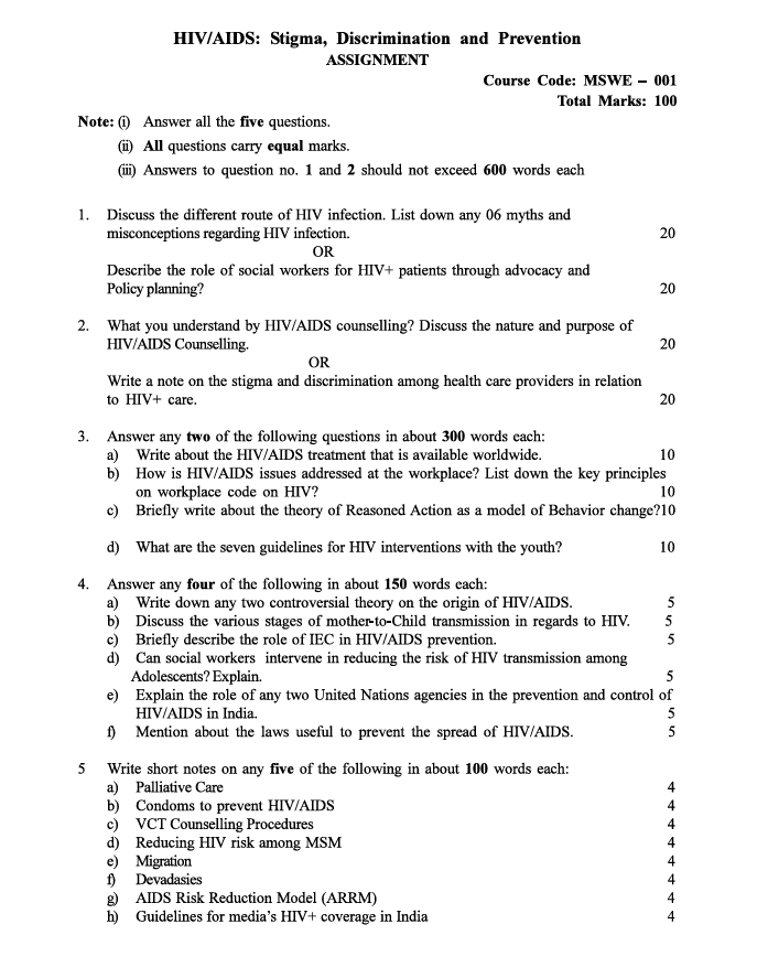 MSWE-001 HIV/AIDS: Stigma, Discrimination and Prevention Assignment for IGNOU MSW 2nd Year students. Check assignment details and important questions.