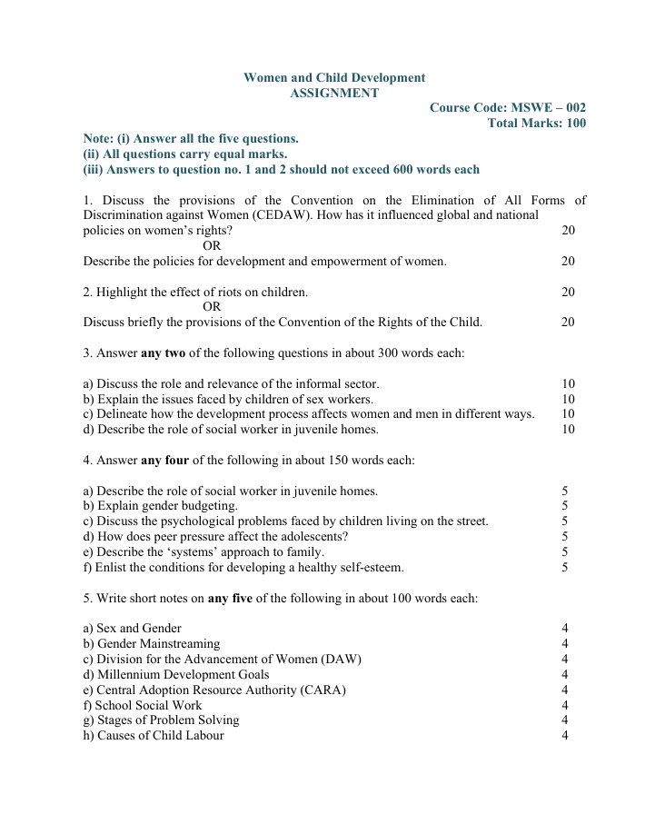 MSWE-002 Women and Child Development Assignment 2026-27 for IGNOU MSW 2nd Year students. Check assignment details and important questions.