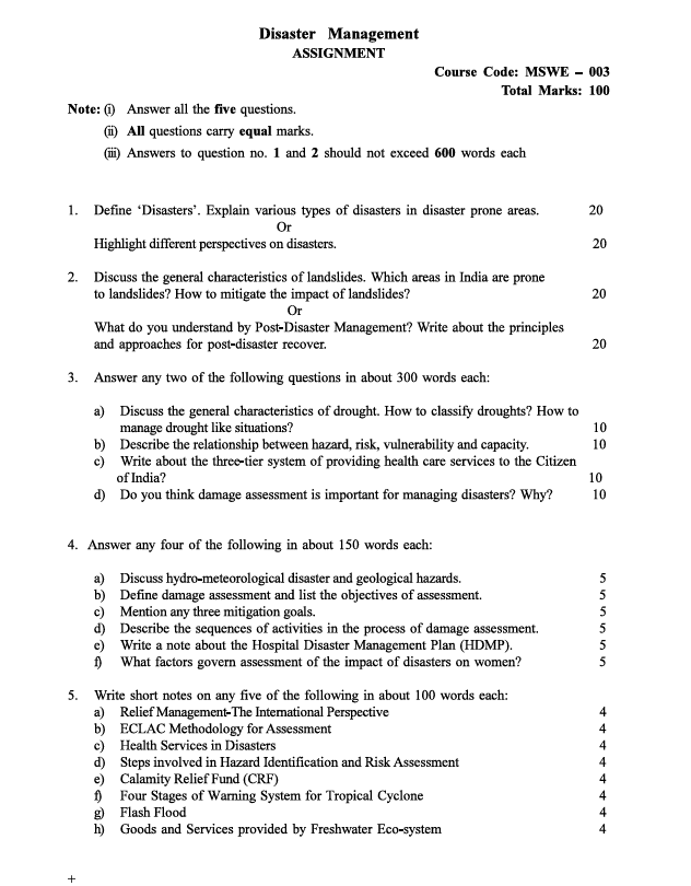 MSWE-003 Disaster Management Assignment 2026-27 for IGNOU MSW 2nd Year students. Check assignment details and important questions.