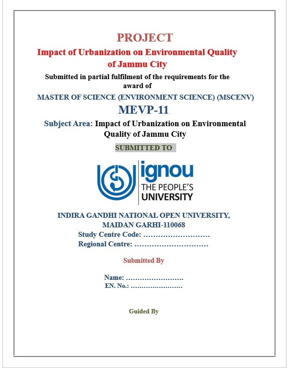 Buy IGNOU MEVP-11 Impact of Urbanization on Environmental Quality of Jammu City Project Report PDF – 100% Approved & Plagiarism-Free Buy IGNOU MEVP-11 Impact of Urbanization on Environmental Quality of Jammu City Project Report PDF – 100% Approved & Plagiarism-Free