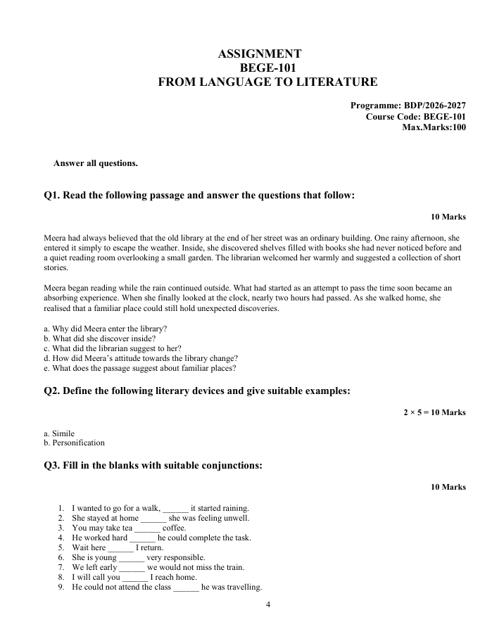 BEGE-101 From Language to Literature Assignment 2026-27 is for IGNOU BDP students. Check the assignment details and important questions.