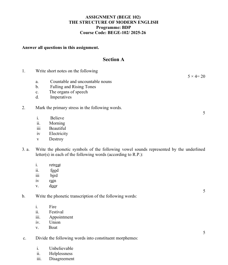 BEGE-102 The Structure of Modern English Assignment 2026-27 is for IGNOU BDP students. Check the assignment details and important questions.
