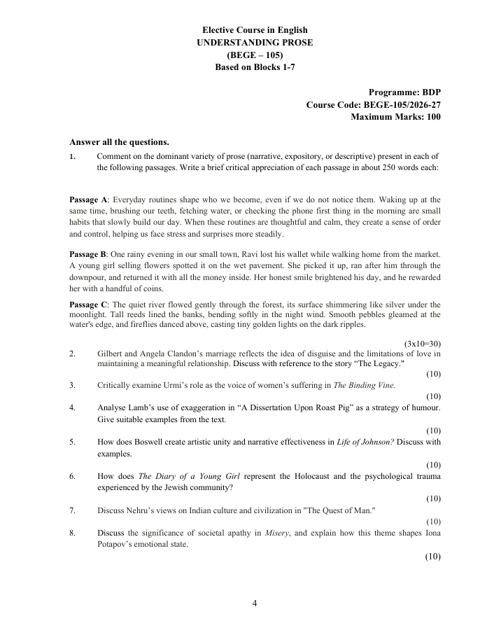 BEGE-105 Understanding Prose Assignment 2026-27 is for IGNOU BDP students. Check the assignment details and important questions.