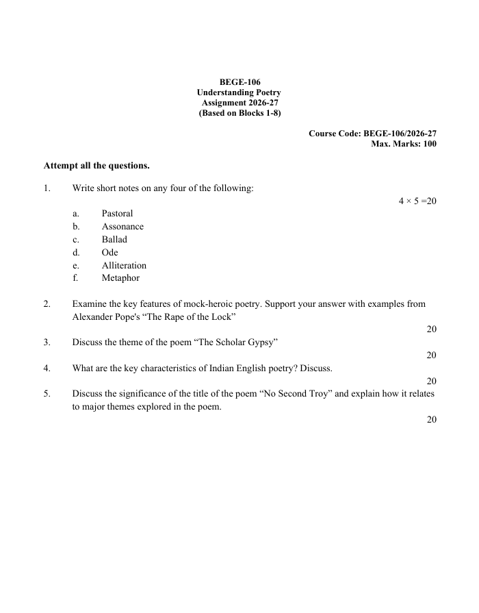BEGE-106 Understanding Poetry Assignment 2026-27 is for IGNOU BDP students. Check the assignment details and important questions.