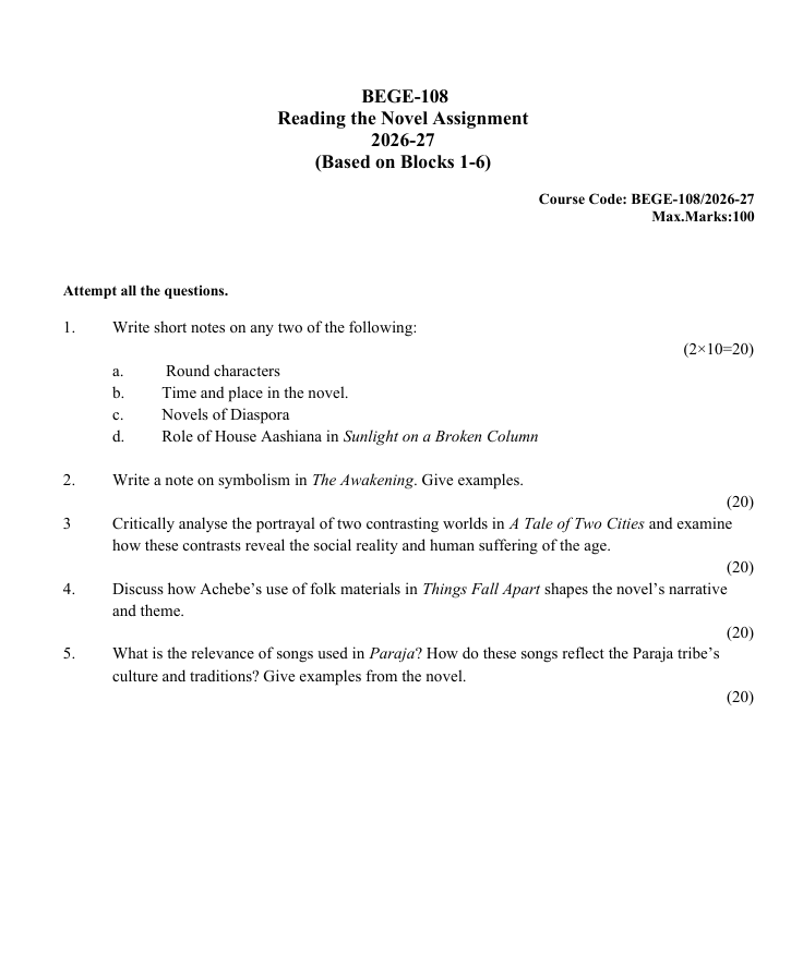 BEGE-108 Reading the Novel Assignment 2026-27 is for IGNOU BDP students. Check the assignment details and important questions.
