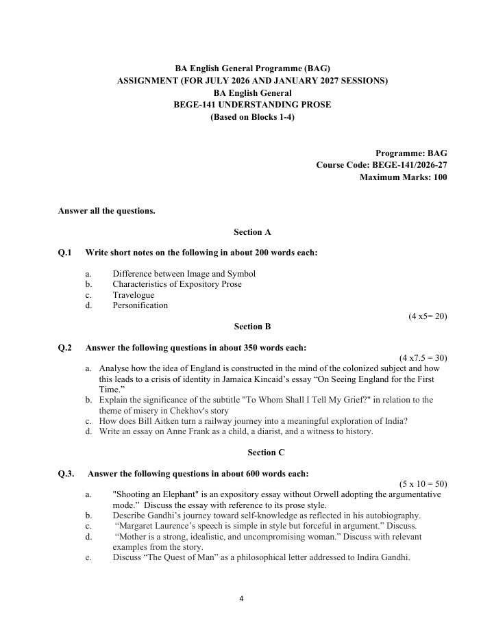 BEGE-141 Understanding Prose Assignment 2026-27 is for IGNOU BAG students. Check the assignment details and important questions.