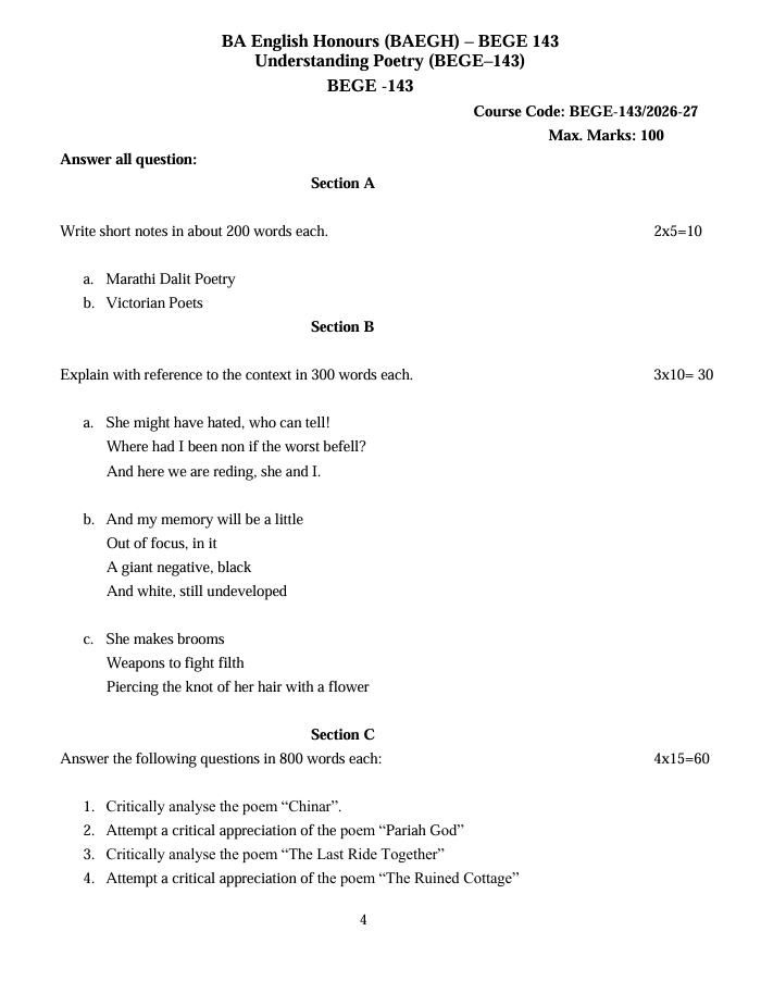 BEGE-143 Understanding Poetry Assignment 2026-27 is for IGNOU BAEGH students. Check the assignment details and important questions.