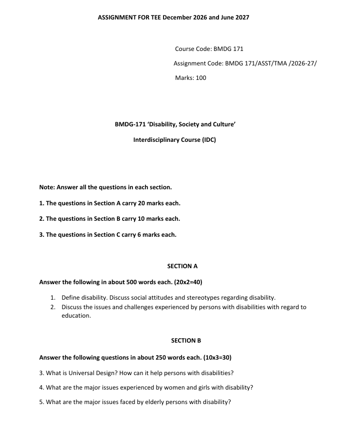 BMDG 171 BMDG-171 Disability, Society and Culture Assignment 2026-27 is for IGNOU students enrolled in the Interdisciplinary Course (IDC). Check the assignment details and important information.
