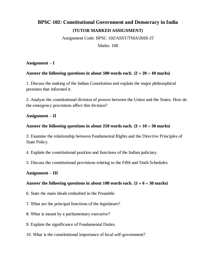 BPSC-102 Constitutional Government and Democracy in India Assignment 2026-27 for IGNOU BAFPS and BAPSH students. Covers July 2026 and January 2027 sessions.