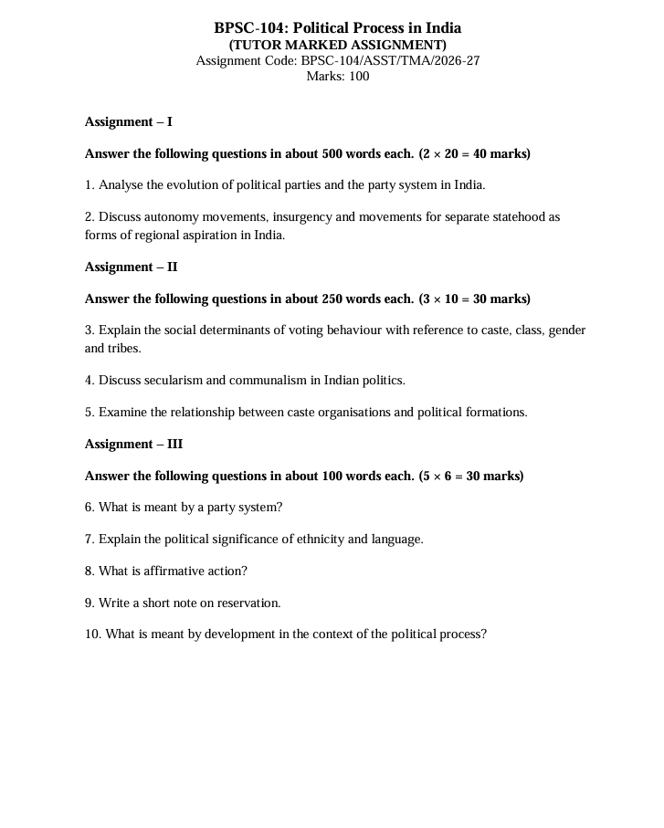 BPSC 104E BPSC-104 Political Process in India Assignment 2026-27 for IGNOU BAFPS and BAPSH students. Covers July 2026 and January 2027 sessions, with 100 marks.
