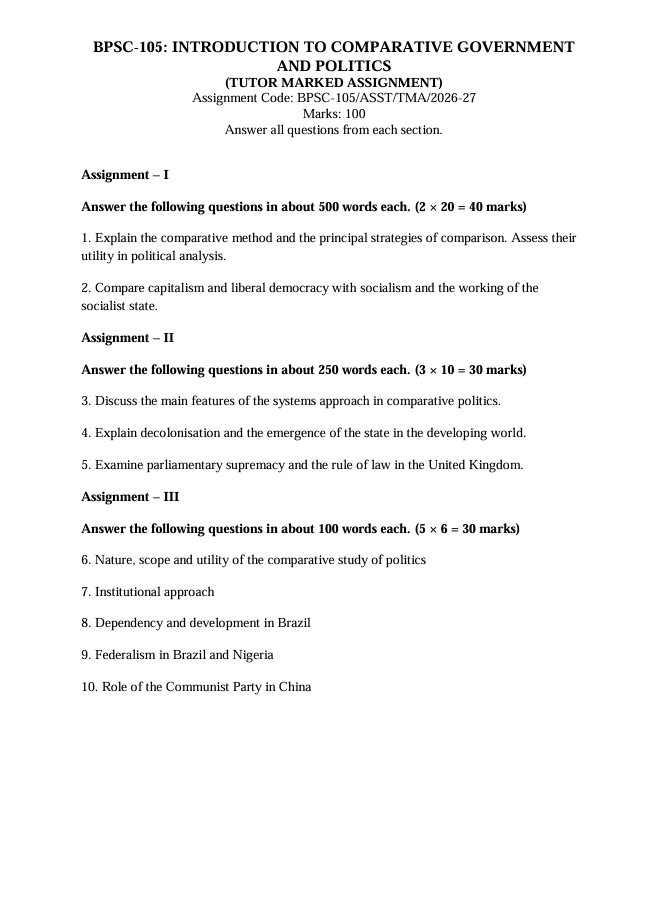 BPSC 105E BPSC-105 Introduction to Comparative Government and Politics Assignment 2026-27 for IGNOU BAFPS and BAPSH students. Covers July 2026 and January 2027 sessions, with 100 marks.
