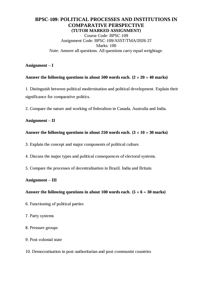 BPSC 109E BPSC-109 Political Processes and Institutions in Comparative Perspective Assignment 2026-27 for IGNOU BAFPS and BAPSH students. Covers July 2026 and January 2027 sessions, with 100 marks.