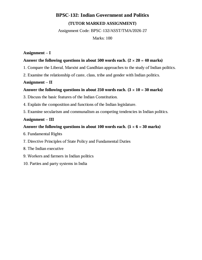 BPSC 132E BPSC-132 Indian Government and Politics Assignment 2026-27 for IGNOU BAFPS and BAPSH students. Covers July 2026 and January 2027 sessions, with 100 marks.