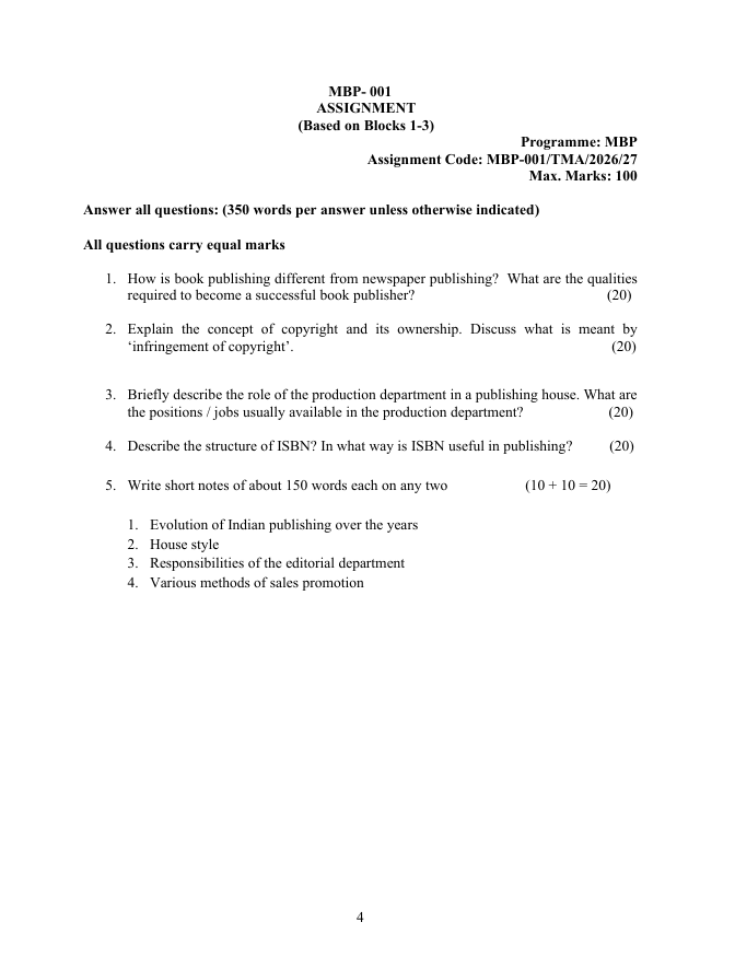 MBP-001 Introduction to Publishing and Its Legal Aspects Assignment 2026-27 is for IGNOU MBP students. Check the assignment details and important questions.