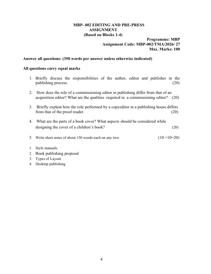 MBP-002 Editing and Pre-Press Assignment 2026-27 is for IGNOU MBP students. Check the assignment details and important questions.
