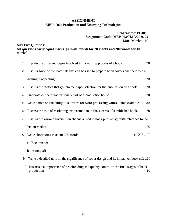 MBP-003 Production and Emerging Technologies Assignment 2026-27 is for IGNOU PGDBP students. Check the assignment details and important questions.