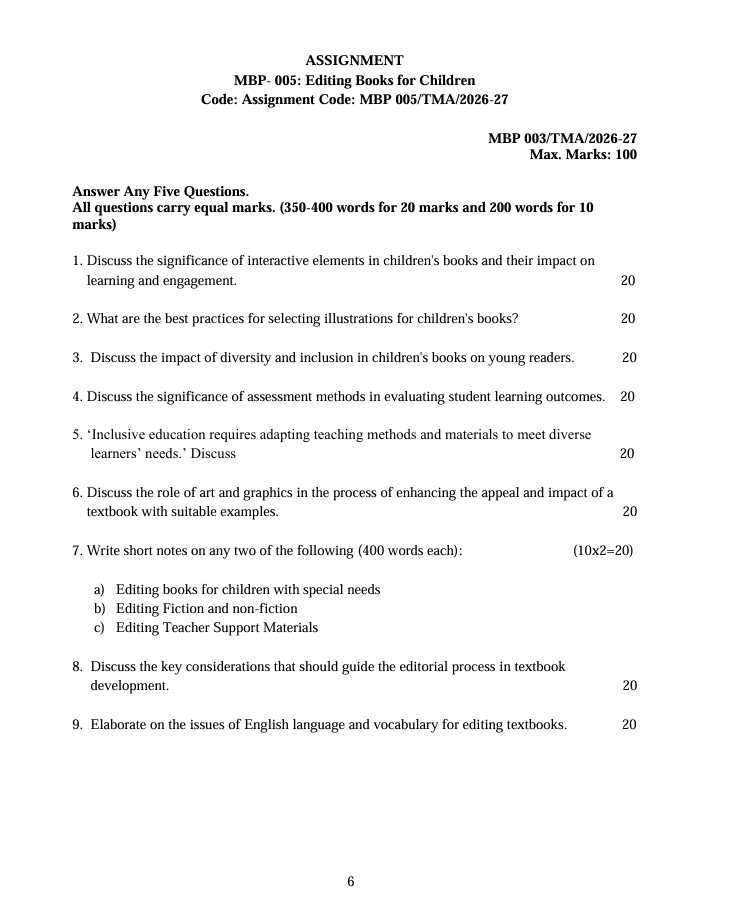 MBP-005 Editing Books for Children Assignment 2026-27 is for IGNOU Post Graduate Diploma in Book Publishing (PGDBP) students. Check the assignment details and important questions.