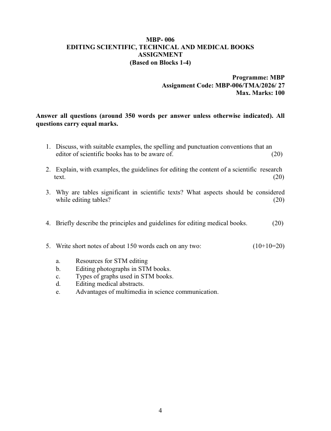 MBP-006 Editing Scientific, Technical and Medical Books Assignment 2026-27 is for IGNOU Post Graduate Diploma in Book Publishing (MBP) students. Check the assignment details and important questions.